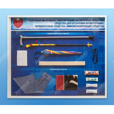 Стенды "Подручные материалы, имитирующие носилочные средства, средства для остановки кровотечения, перевязочные средства, иммобилизирующие средства" (образцы под оргстеклом)